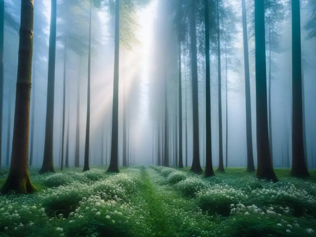 Un bosque exuberante con árboles altos y frondosos, luz solar filtrándose entre las hojas y flores silvestres