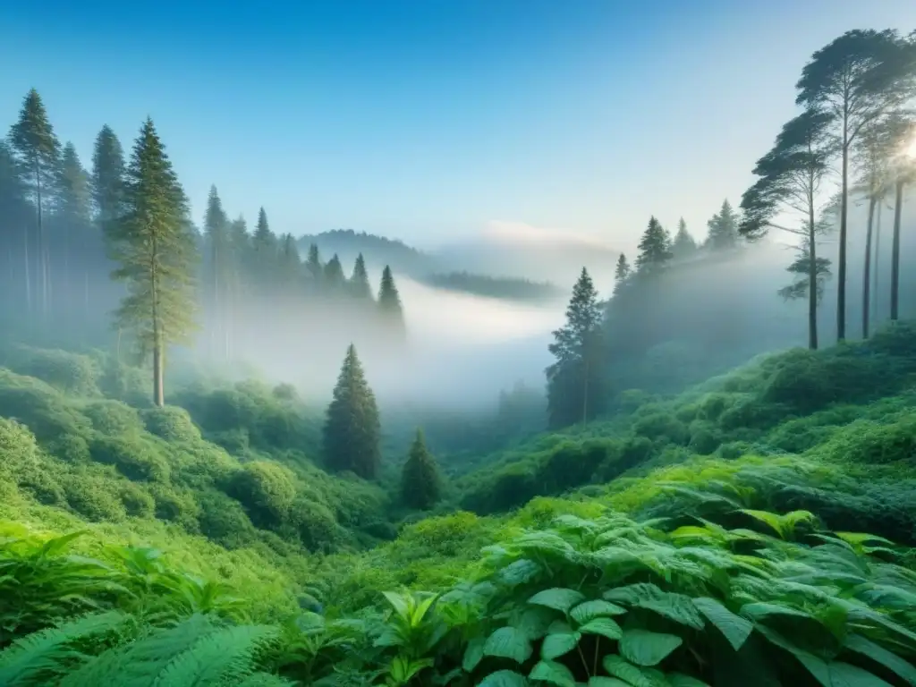 Bosque exuberante con árboles altos, plantas vibrantes y cielo azul