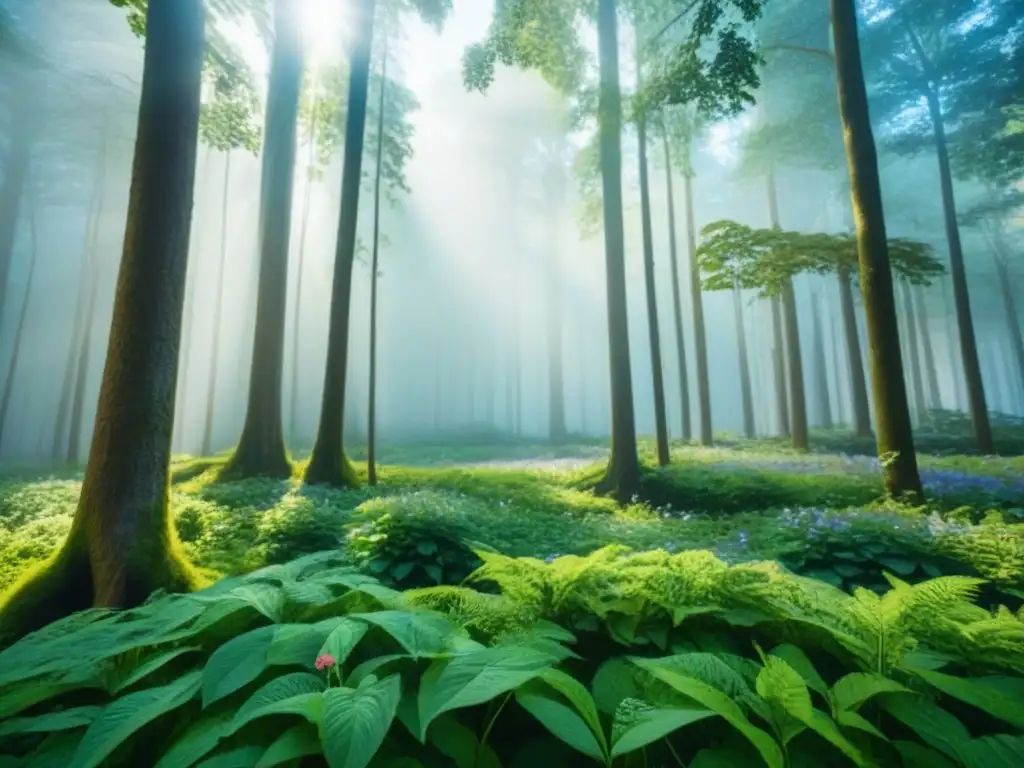 Un bosque exuberante con árboles altos, vida silvestre y flores coloridas