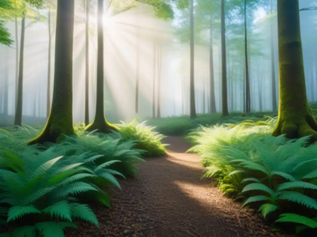 Un bosque exuberante con árboles altos y un arroyo cristalino, reflejo de soluciones sostenibles para crisis ambiental