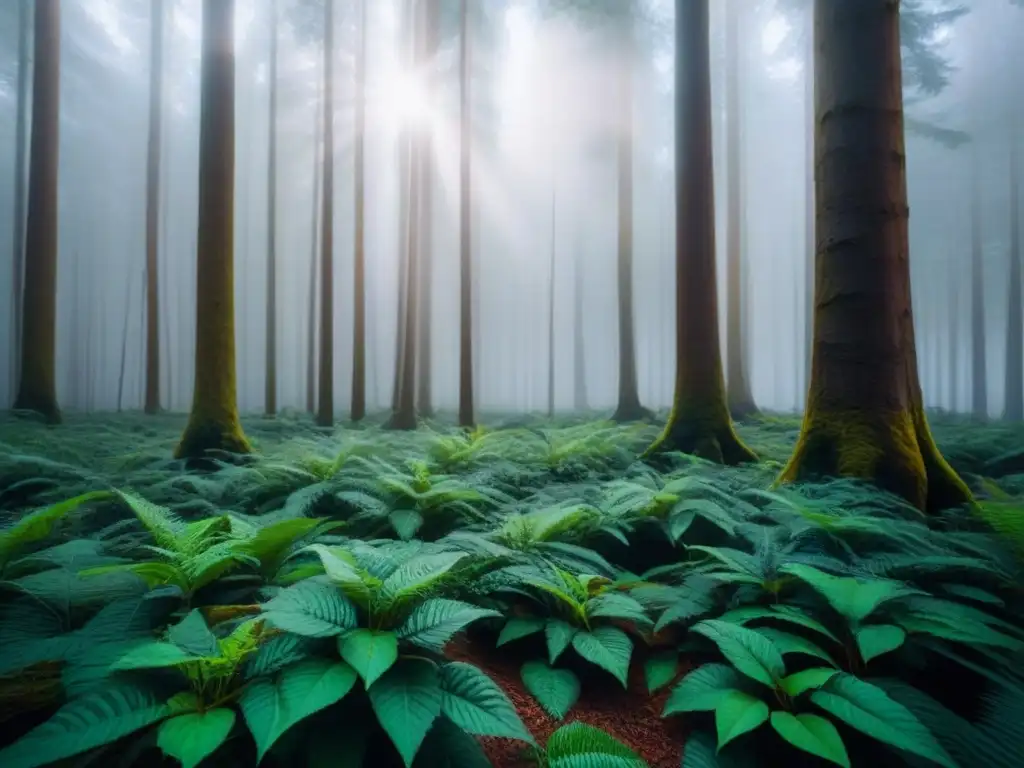 Un bosque exuberante con árboles majestuosos y luz filtrándose entre las hojas