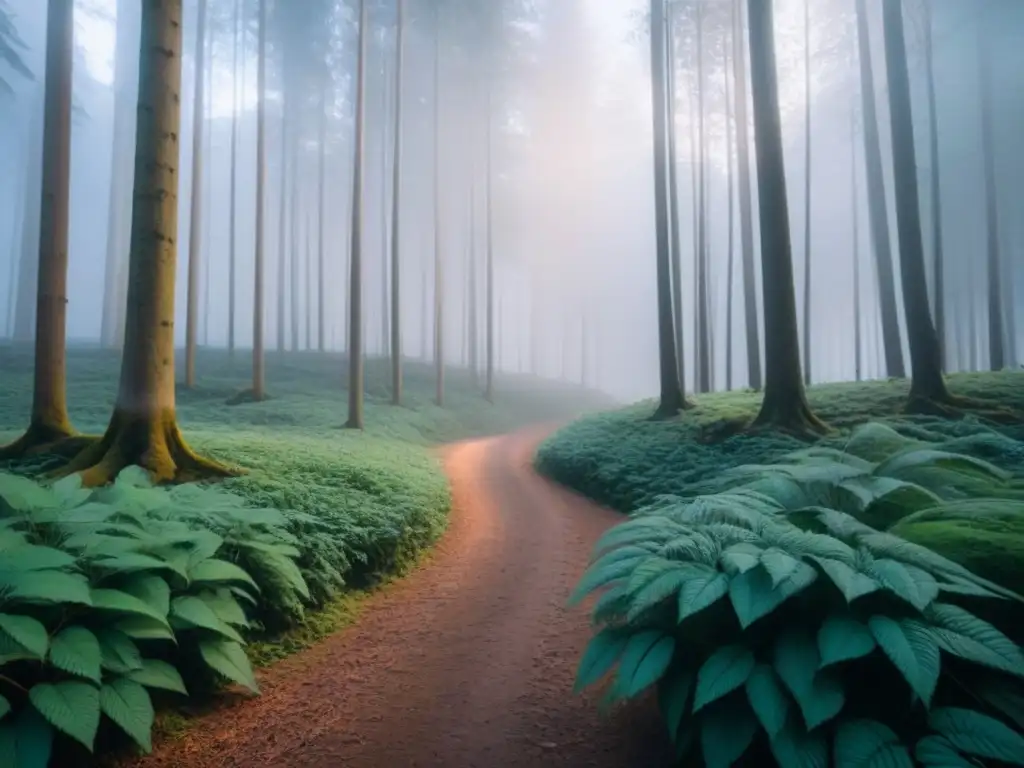 Un bosque exuberante con árboles majestuosos, luz filtrándose entre las hojas y un sendero invitador