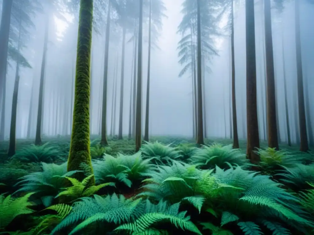 Un bosque exuberante con árboles majestuosos que llegan hacia un cielo azul, transmitiendo paz y armonía