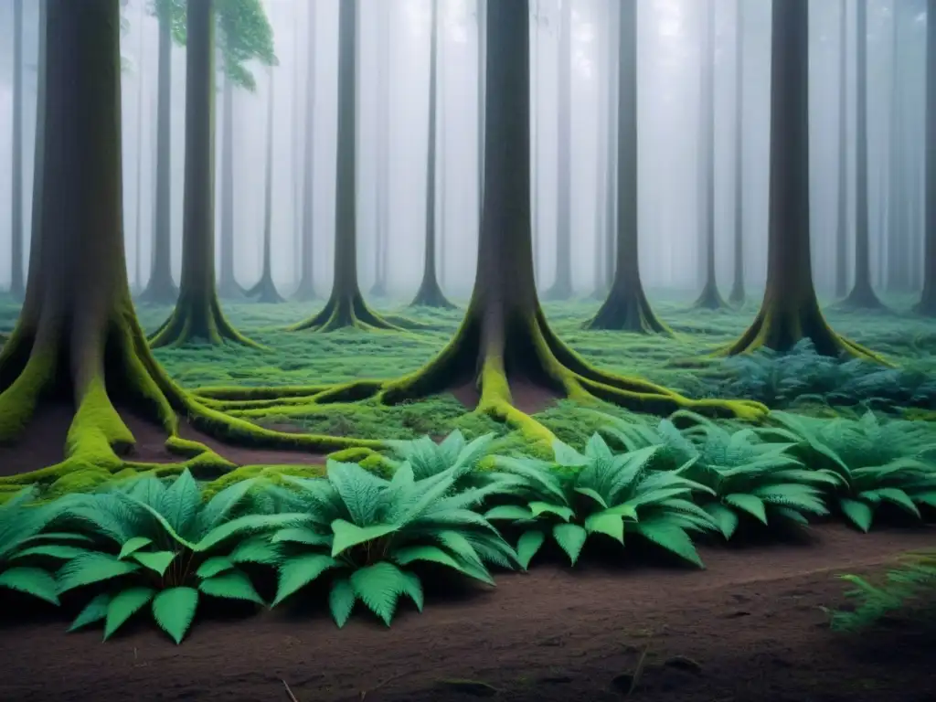 Un bosque exuberante con árboles y vegetación variada, mostrando la red de raíces y la captura de carbono