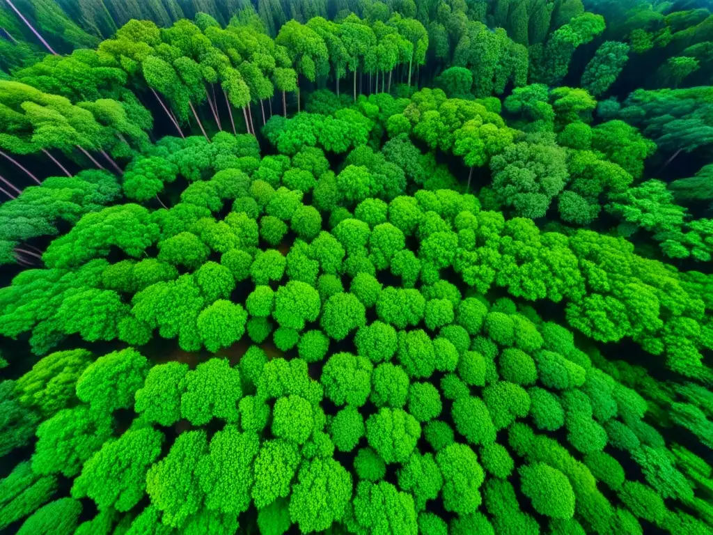 Un bosque exuberante con árboles verdes en una red de ramas y hojas