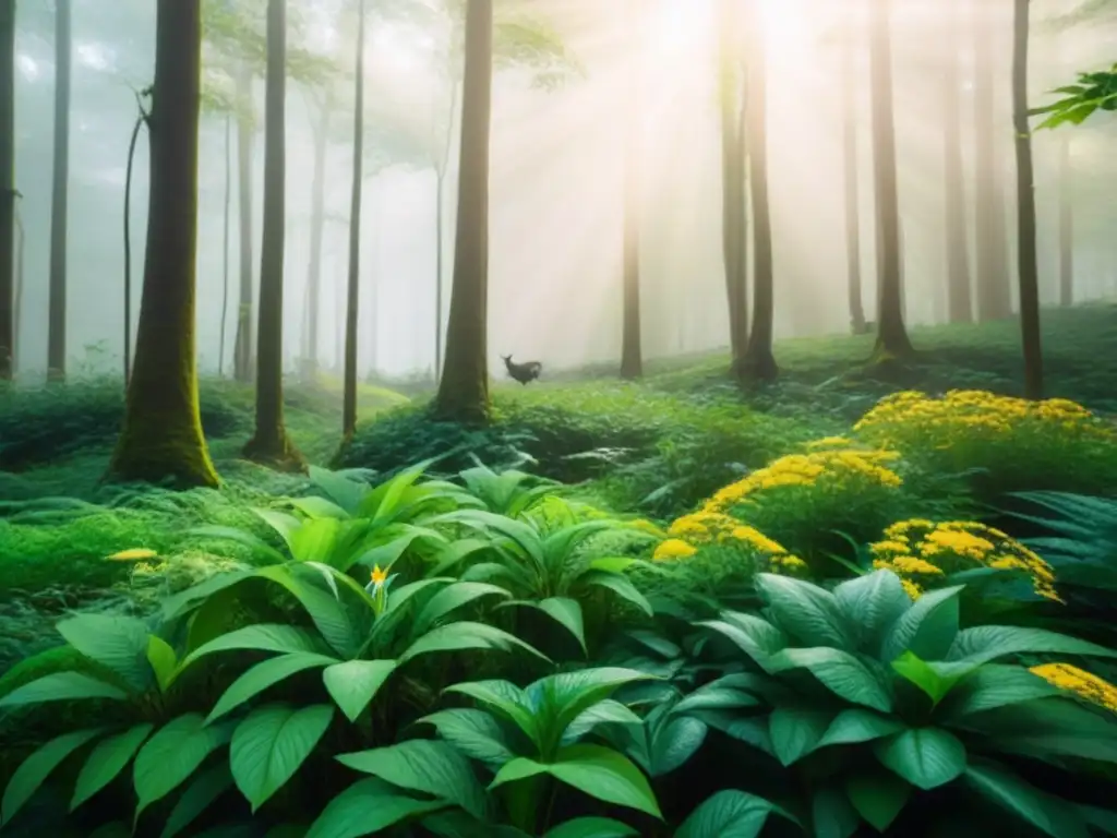 Un bosque exuberante donde conviven en armonía diferentes especies, reflejando la distribución cine ecológico sostenible