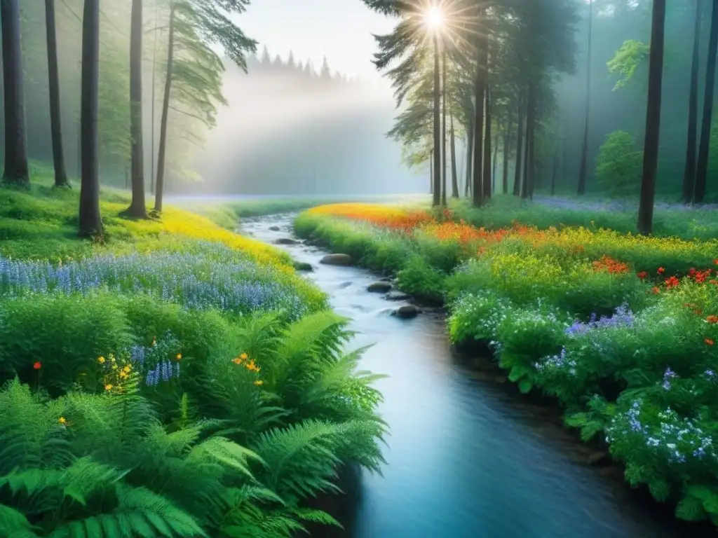 Un bosque exuberante con un arroyo, árboles altos y flores silvestres