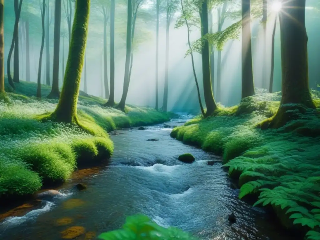 Un bosque exuberante con un arroyo, aves, ardillas y conejos, iluminado por el sol