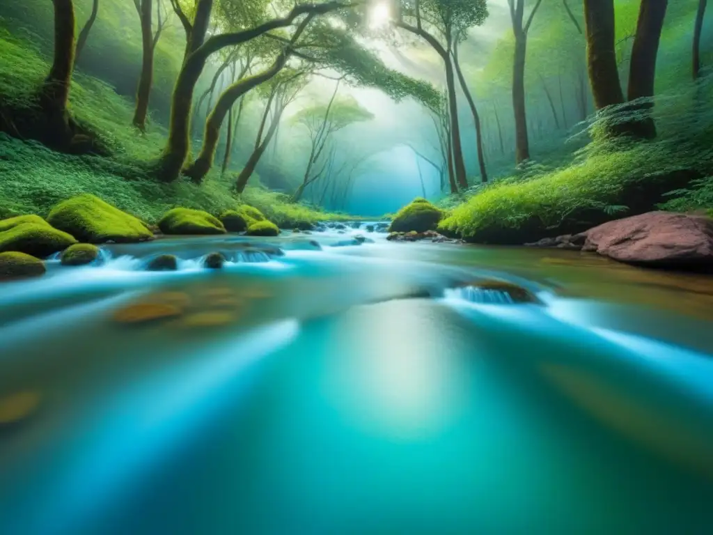 Un bosque exuberante con un arroyo azul claro que refleja la vibrante vegetación