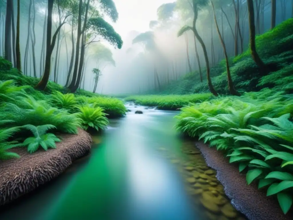 Un bosque exuberante con un arroyo cristalino, reflejando la luz del sol