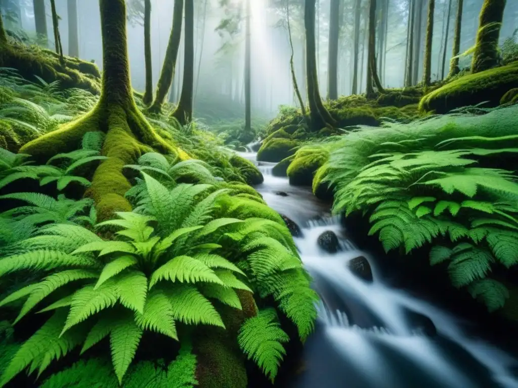 Un bosque exuberante con un arroyo cristalino, luz filtrándose y musgo verde vibrante