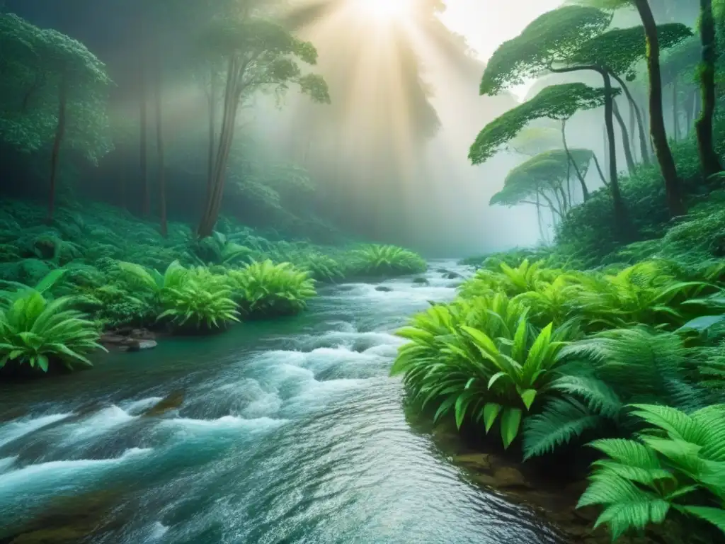 Un bosque exuberante con un arroyo cristalino reflejando la luz del sol entre la densa vegetación