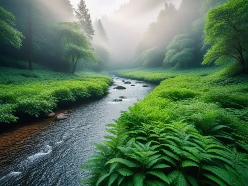 Armonía natural: bosque verde con arroyo cristalino Un bosque exuberante con arroyo cristalino, luz filtrada entre la frondosa vegetación