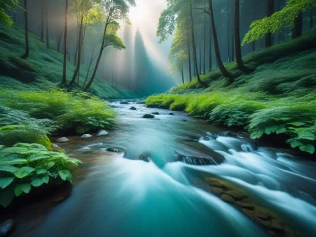 Un bosque exuberante con un arroyo cristalino y luz solar filtrada, destacando la sostenibilidad y la coexistencia armoniosa con la naturaleza