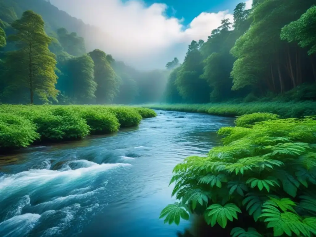 Un bosque exuberante con un arroyo cristalino bajo un cielo azul