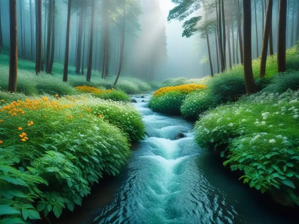 Un bosque exuberante con un arroyo cristalino, árboles altos, flores vibrantes y luz solar filtrándose, transmite paz y armonía con la naturaleza