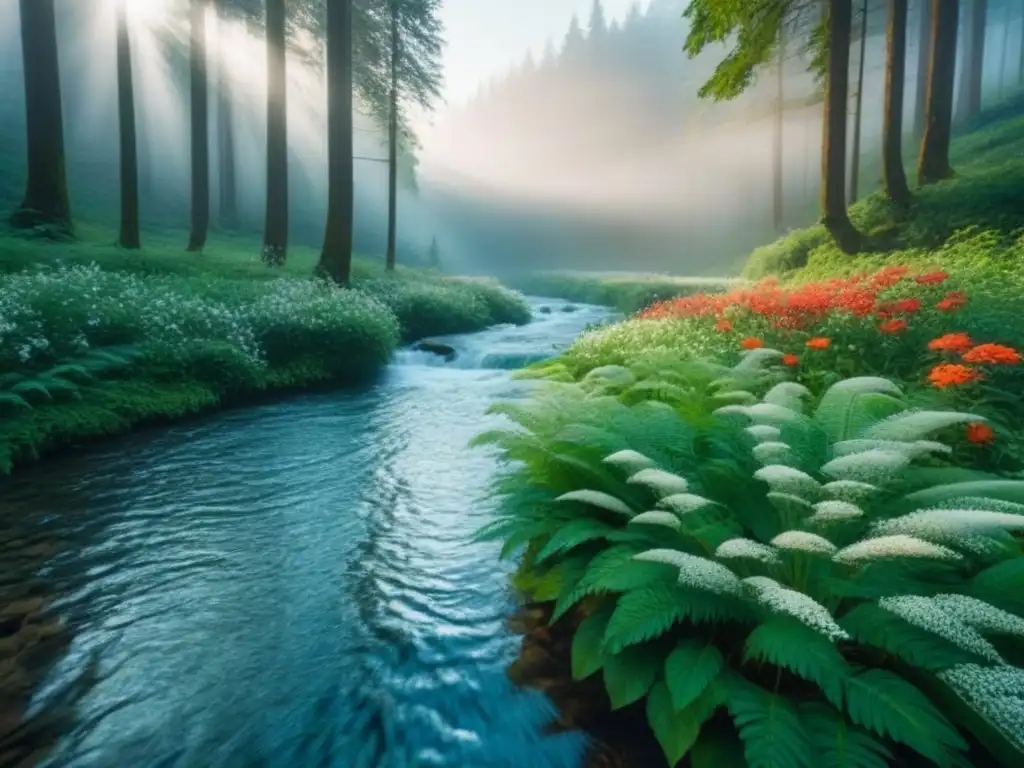 Un bosque exuberante con un arroyo cristalino, árboles altos y flores coloridas