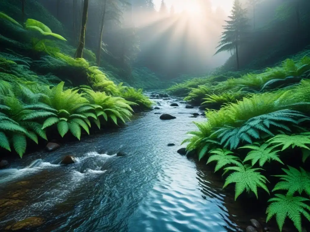 Bosque exuberante con arroyo y luz filtrada, transmite tranquilidad y conexión con la naturaleza