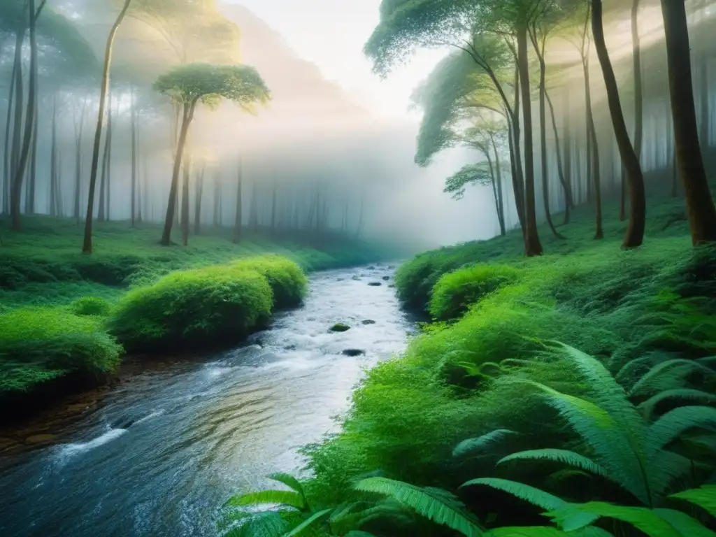 Un bosque exuberante con un arroyo y luz solar filtrándose, creando un ambiente natural tranquilo y sostenible