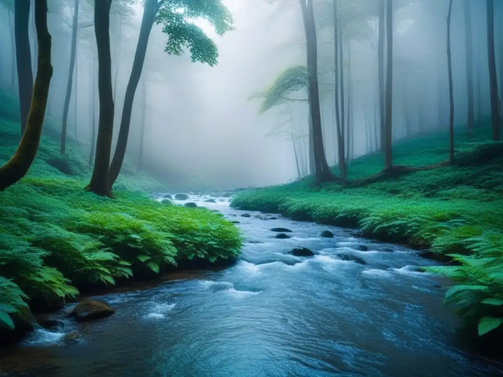 Un bosque exuberante con un arroyo y luz filtrándose entre los árboles, inspira paz y armonía, como cantautores ecoconscientes sostenibles inspiran