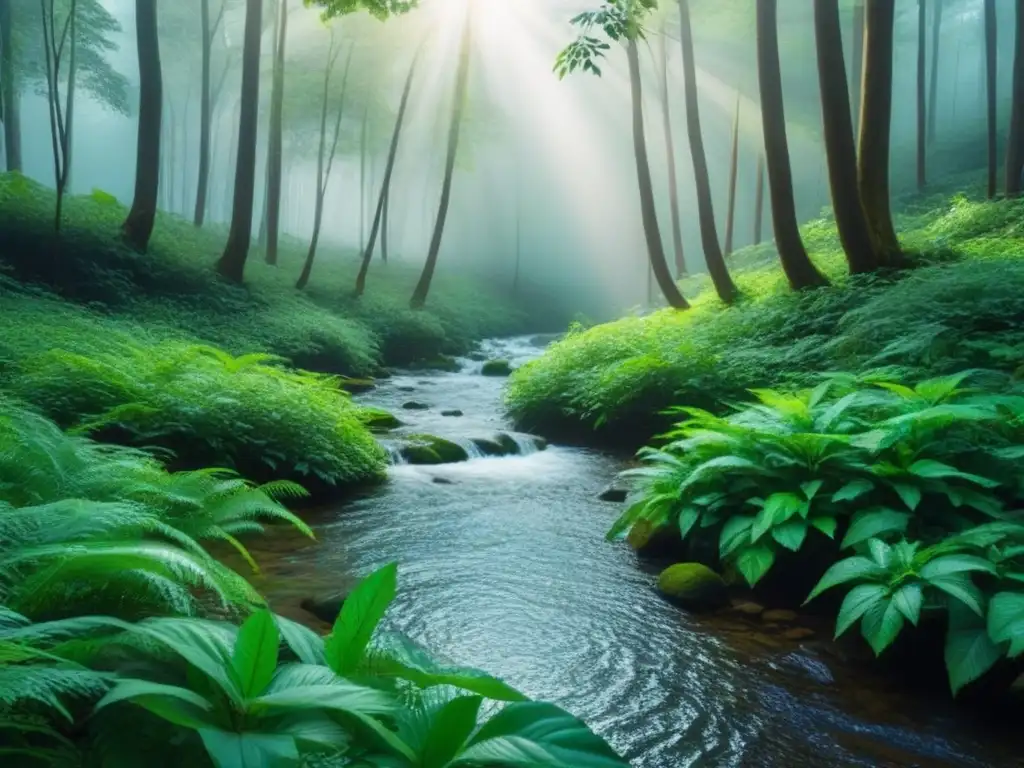 Un bosque exuberante con un arroyo, rayos de sol entre las hojas