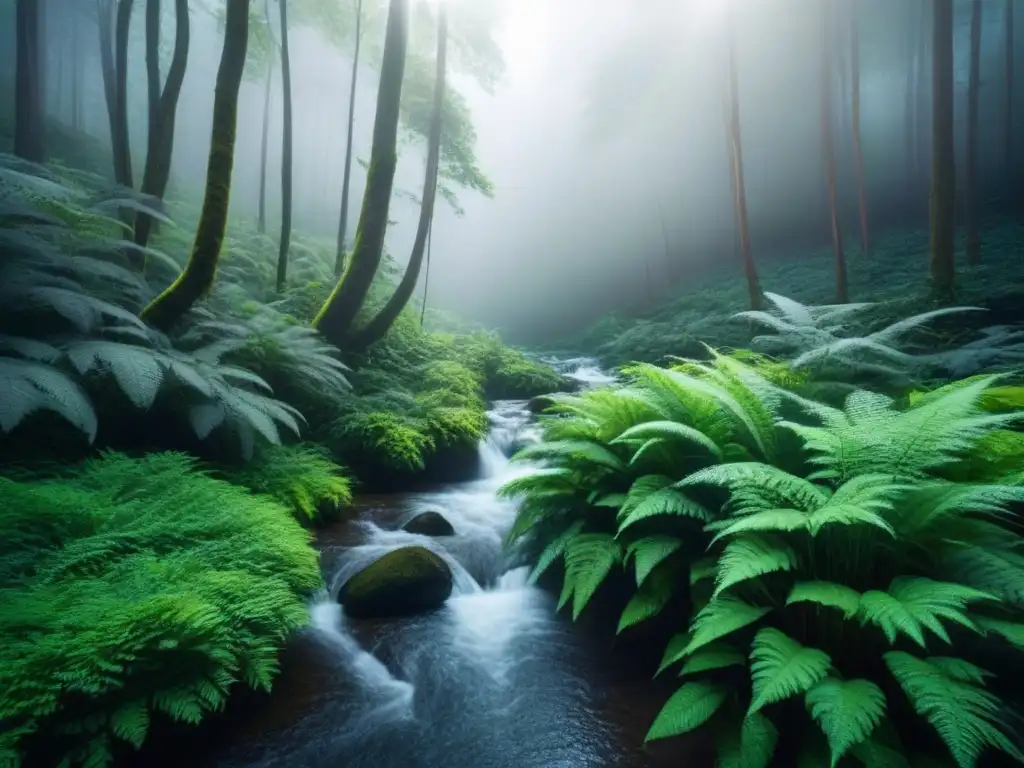 Un bosque exuberante con un arroyo serpenteante bajo la luz del sol