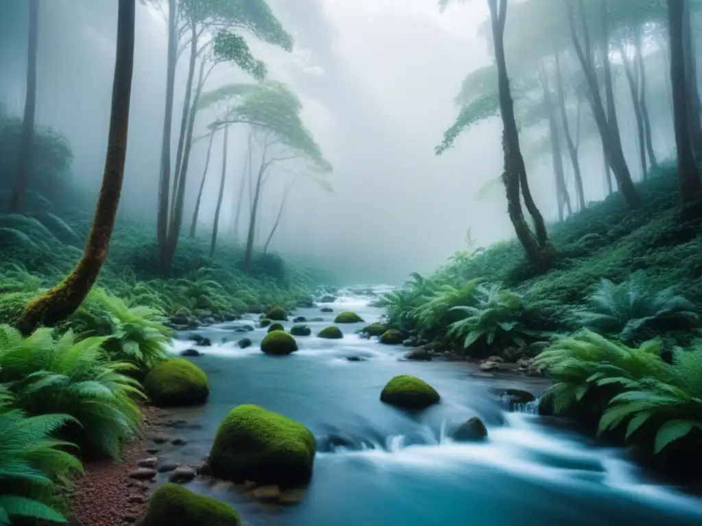 Un bosque exuberante con un arroyo serpenteante, reflejando la belleza y tranquilidad de los Viajes de lujo sostenibles personalizados