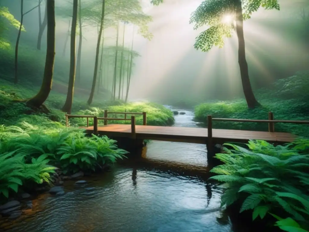 Un bosque exuberante con un arroyo serpenteante bajo la luz filtrada, un puente de madera se integra en la naturaleza