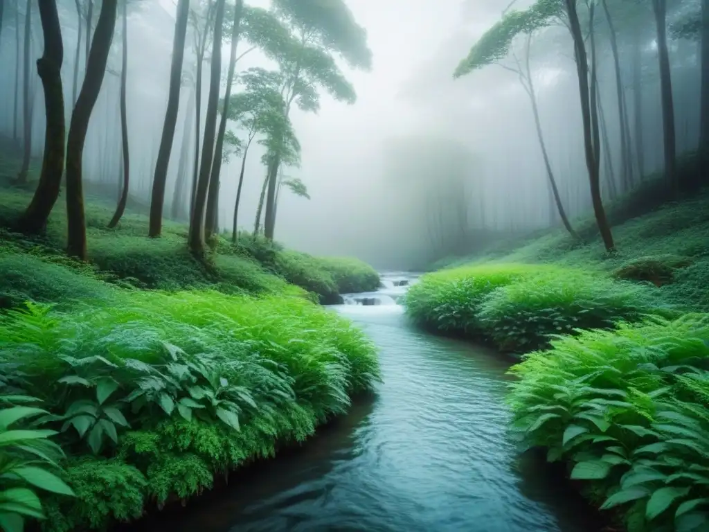 Un bosque exuberante con un arroyo tranquilo, evocando armonía con la naturaleza