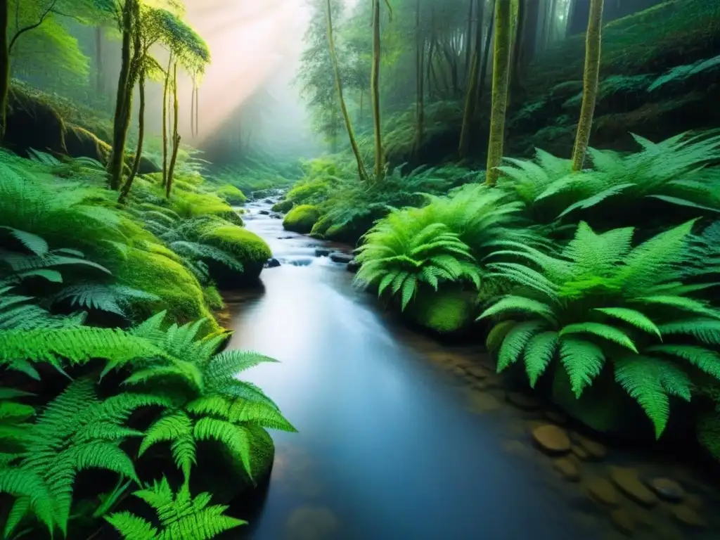 Un bosque exuberante con un arroyo tranquilo, transmitiendo paz y armonía para retiros de bienestar sostenibles