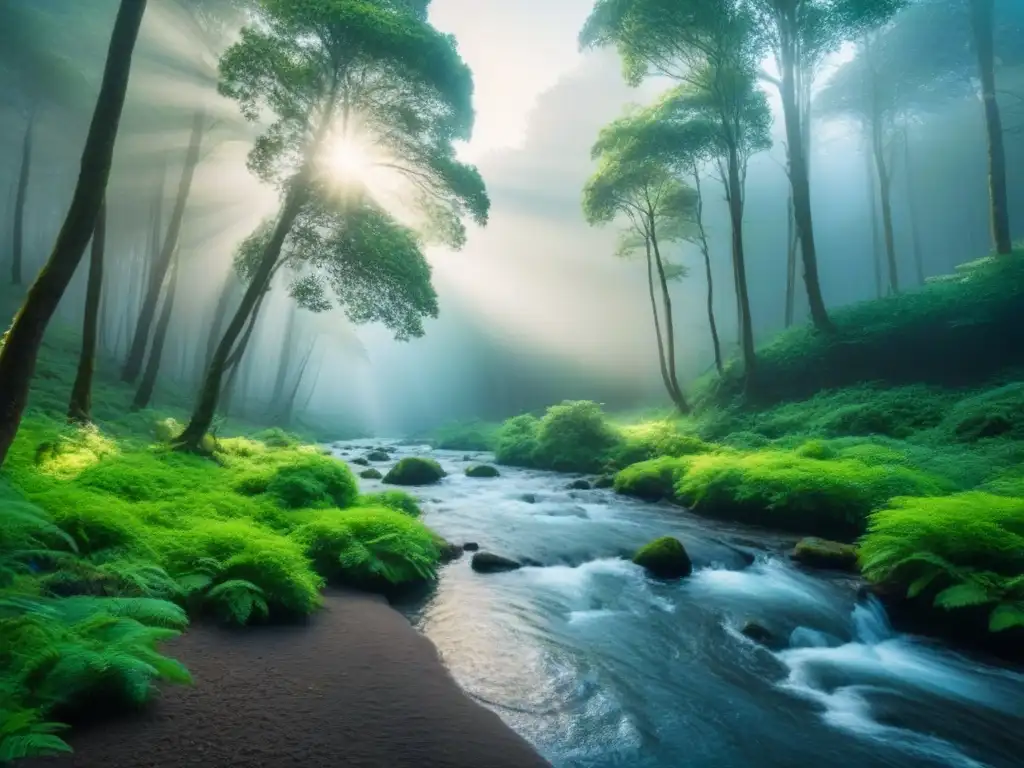 Un bosque exuberante con un arroyo tranquilo y luz filtrando a través del dosel