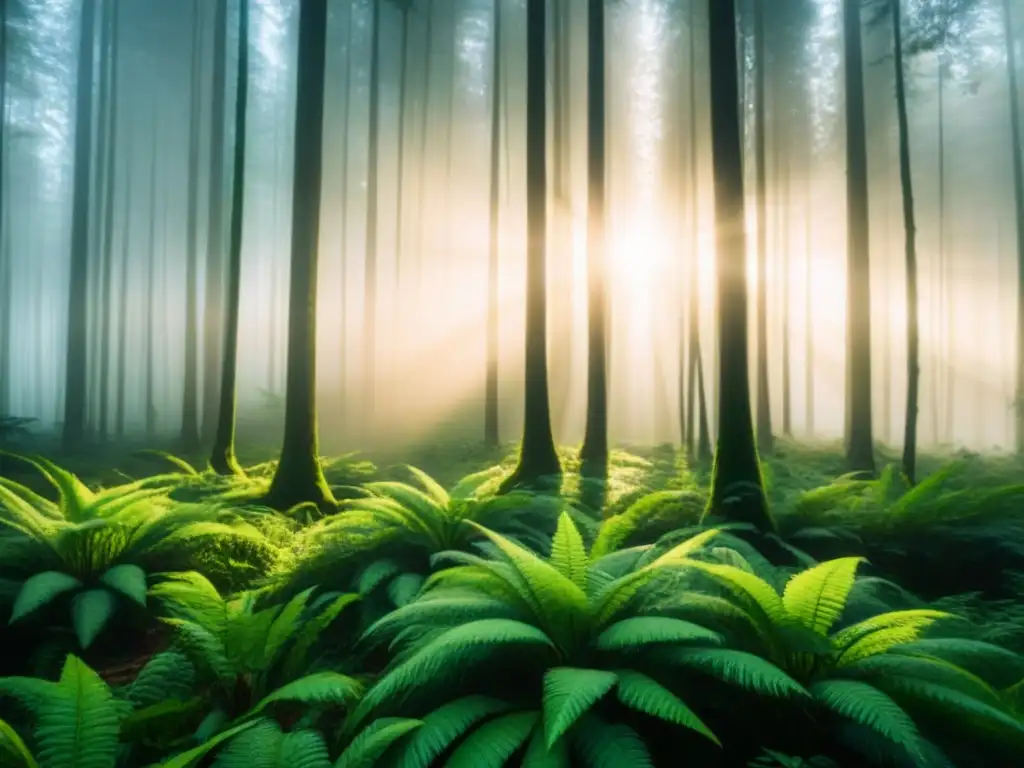 Un bosque exuberante bañado por la luz del sol, resaltando la belleza de la naturaleza y su papel en combatir el cambio climático