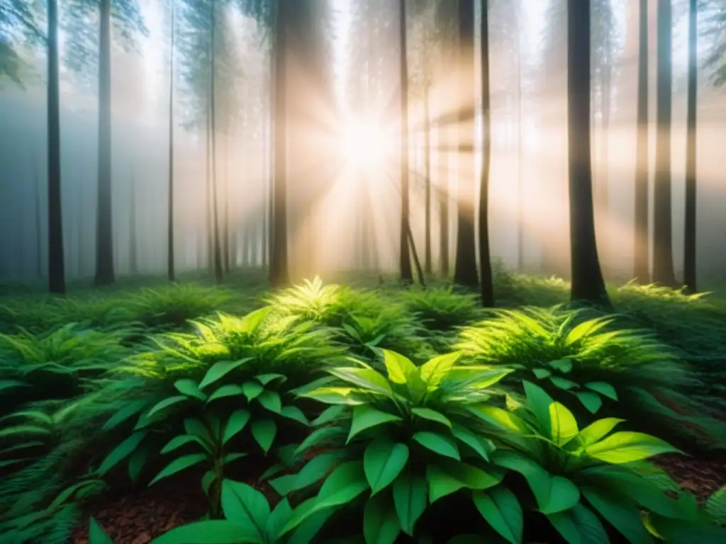 Un bosque exuberante bañado por la luz del sol, proyectando sombras suaves en el suelo