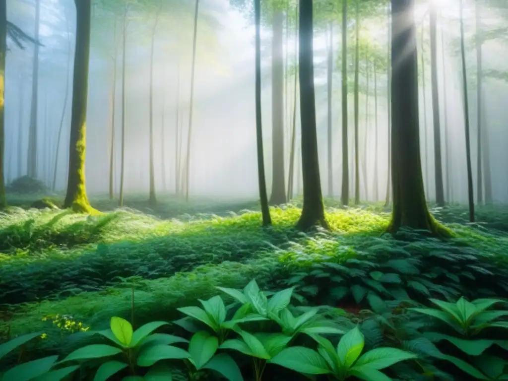 Un bosque exuberante bañado por la luz del sol, proyectando sombras en el suelo