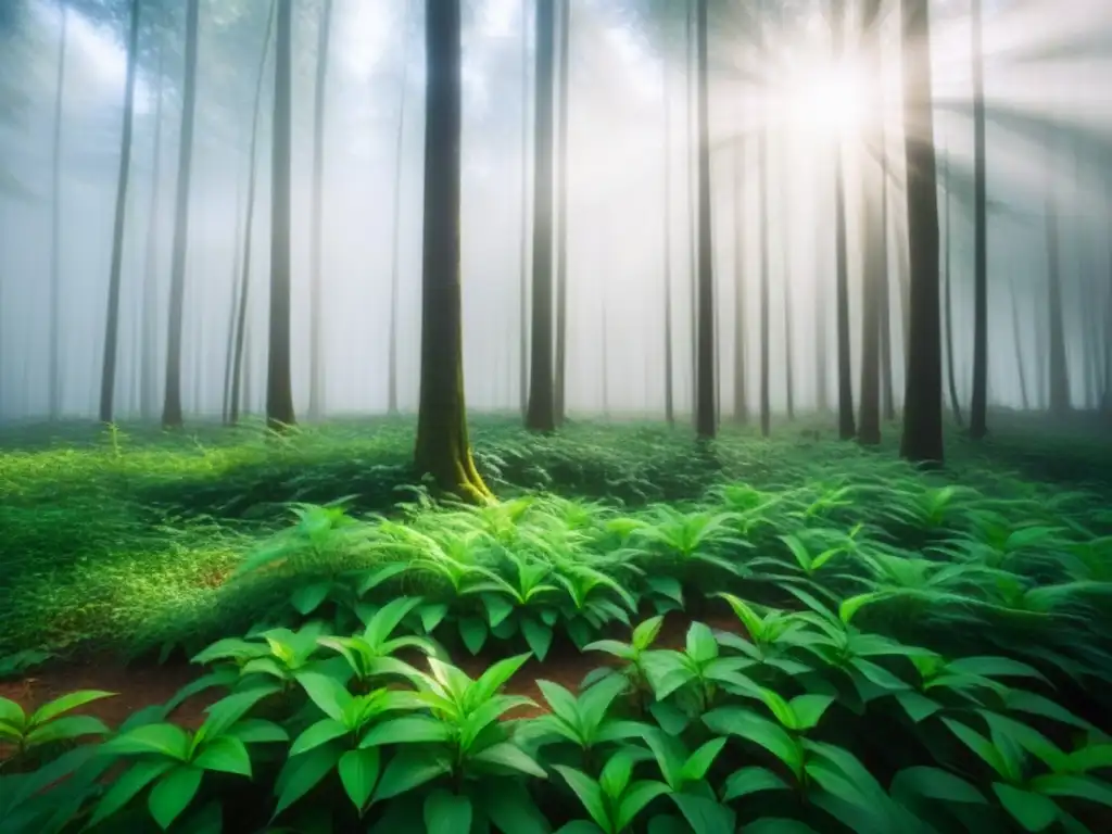 Un bosque exuberante bañado por la luz del sol, resaltando la belleza y serenidad de la naturaleza