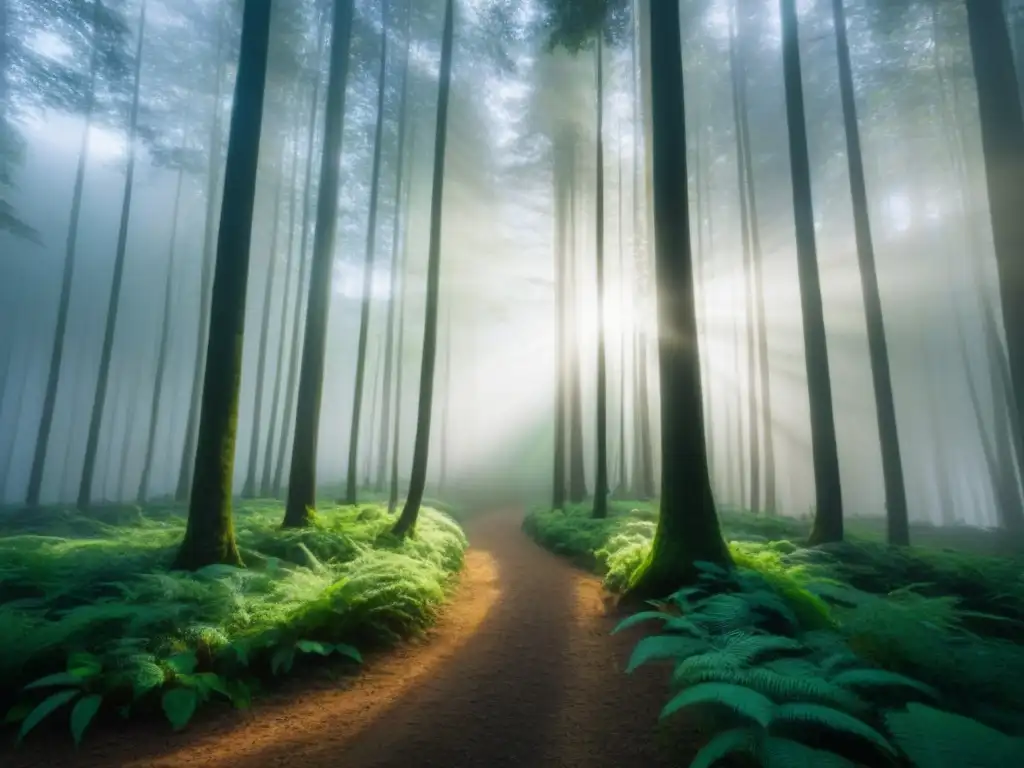 Un bosque exuberante bañado por la luz del sol, reflejando la belleza y tranquilidad de una rutina de belleza sostenible