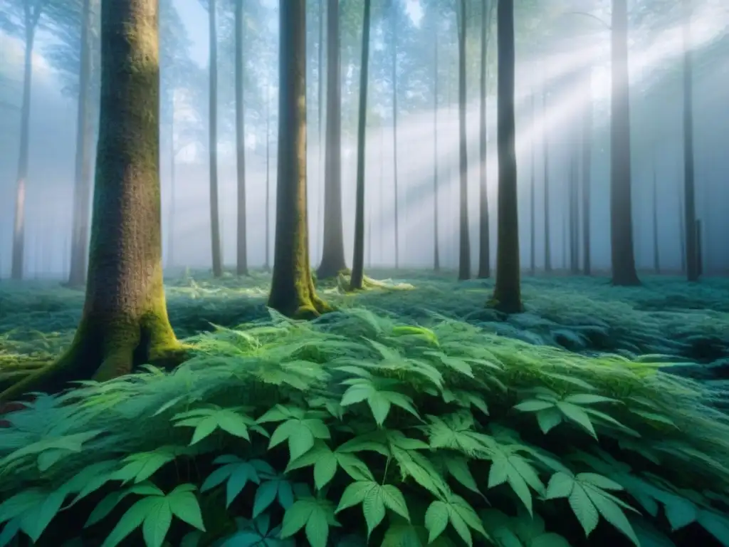 Un bosque exuberante bañado por la luz del sol, creando patrones de luz y sombra