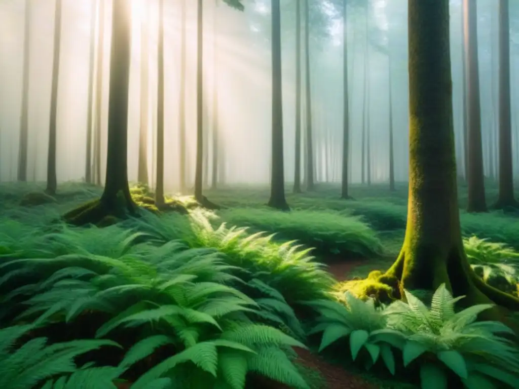 Imagen serena de un bosque verde: conservación ambiental en cine Un bosque exuberante bañado por la luz del sol, reflejando serenidad y belleza