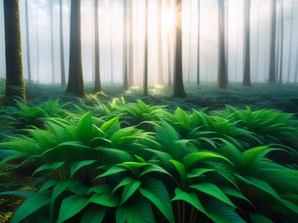 Un bosque exuberante bañado por la luz del sol, reflejando la serenidad y abundancia de la naturaleza para fondos de inversión sostenibles