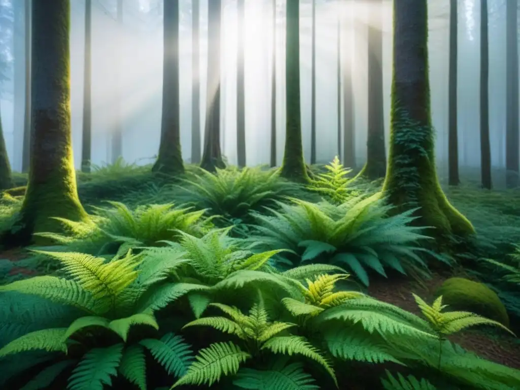 Un bosque exuberante bañado por la luz dorada del sol, reflejando una escena de inversión sostenible rentable conciencia