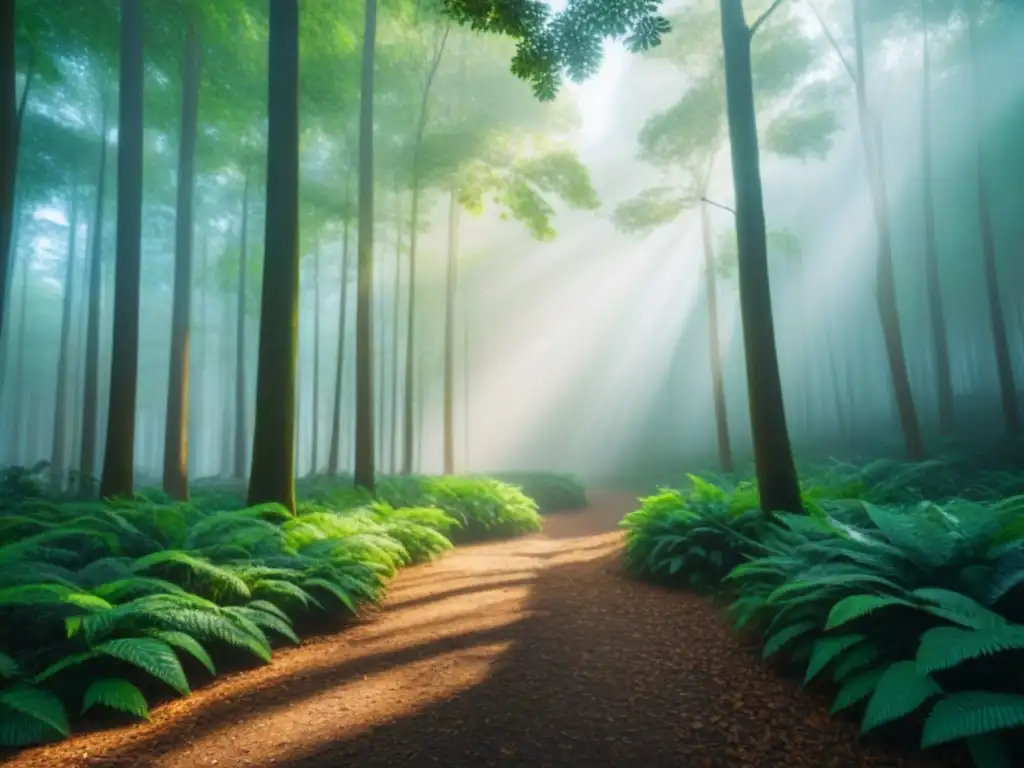 Un bosque exuberante bañado por la luz solar, mostrando detalles y texturas naturales