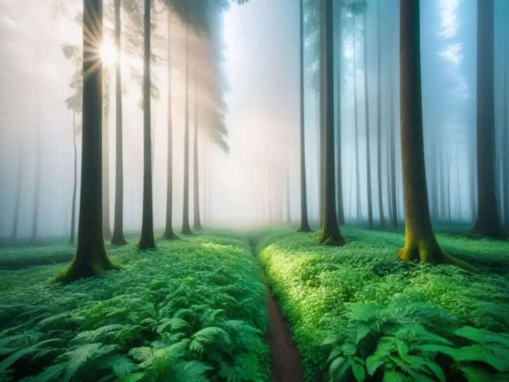 Un bosque exuberante bañado por la luz del sol, simbolizando la armonía con la naturaleza y los modelos de negocios verdes sostenibles