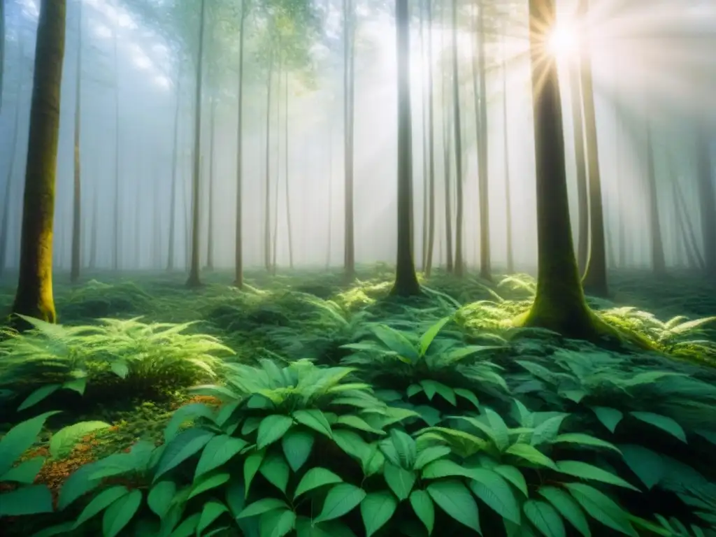 Un bosque exuberante bañado por la luz del sol, resaltando la belleza de la naturaleza y promoviendo el consumo responsable de productos ecológicos