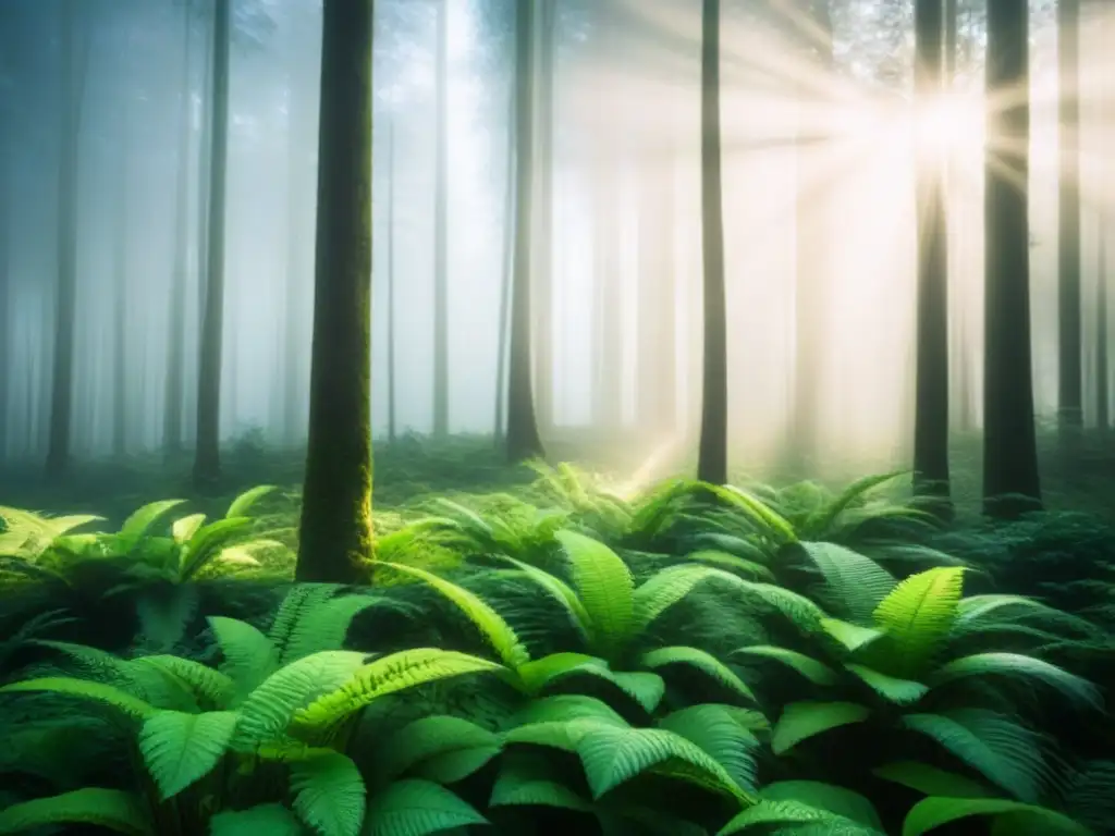 Un bosque exuberante bañado por la luz del sol, transmitiendo paz y armonía con la naturaleza, promoviendo el consumo responsable de productos ecológicos