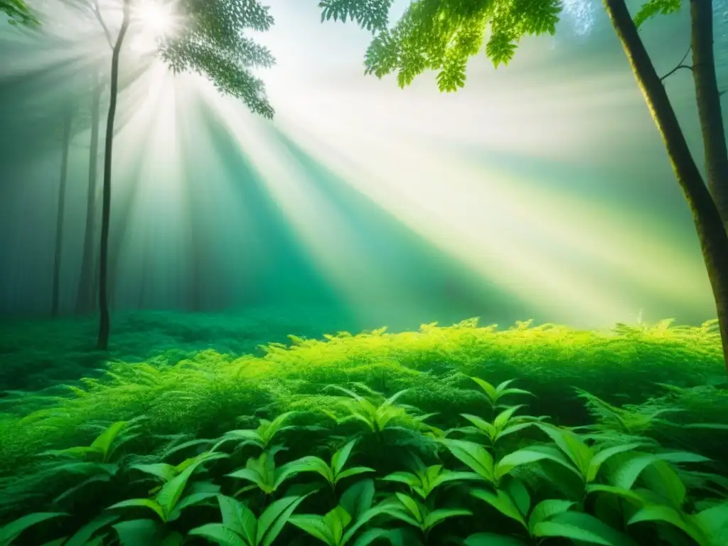 Un bosque exuberante bañado por la luz del sol, reflejando la tranquilidad de la naturaleza