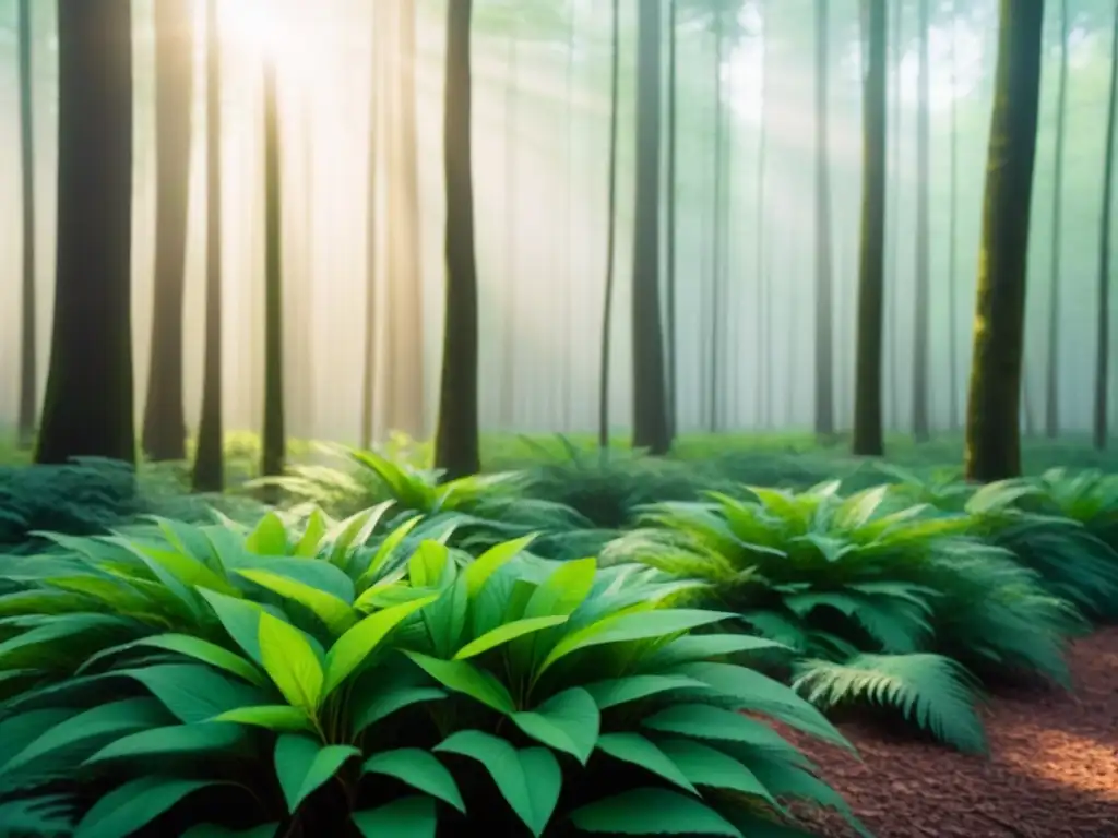 Un bosque exuberante bañado por la luz del sol, reflejando la armonía y la protección de desodorantes ecológicos efectivos y naturales