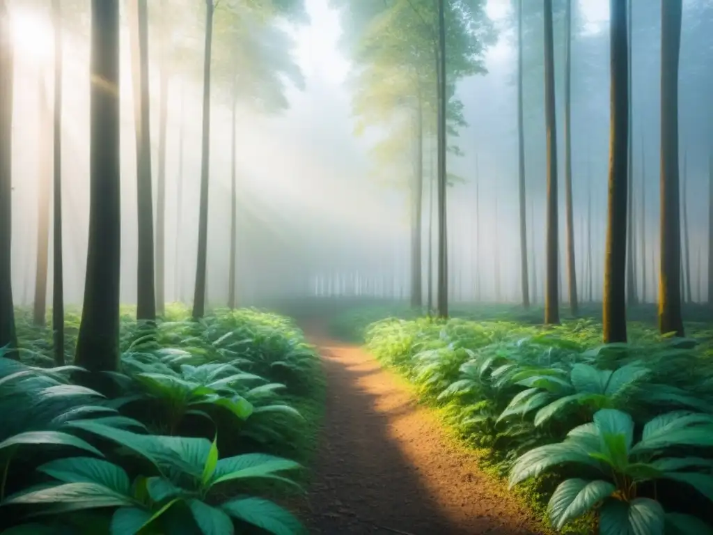 Un bosque exuberante bañado por la luz solar, reflejando la belleza natural y la tranquilidad, ideal para productos ecológicos sin químicos