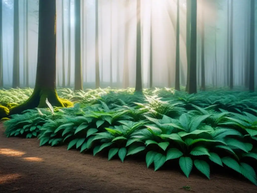 Un bosque exuberante bañado por la luz solar, creando sombras danzantes en el suelo