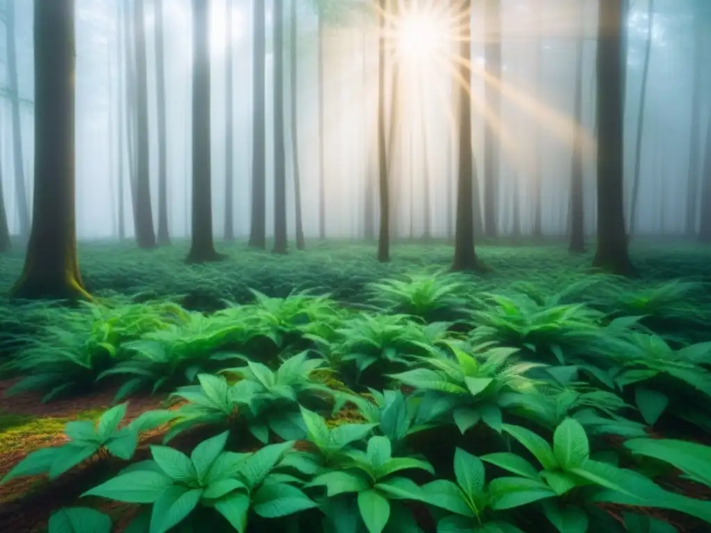 Un bosque exuberante bañado por la luz del sol, reflejando la pureza de la naturaleza y el impacto de los alimentos procesados en el ambiente