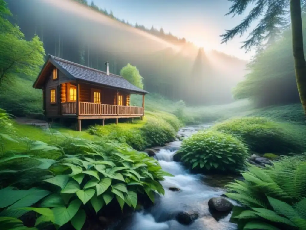 Un bosque exuberante bañado por la luz del sol, con sombras danzantes y un arroyo serpenteante